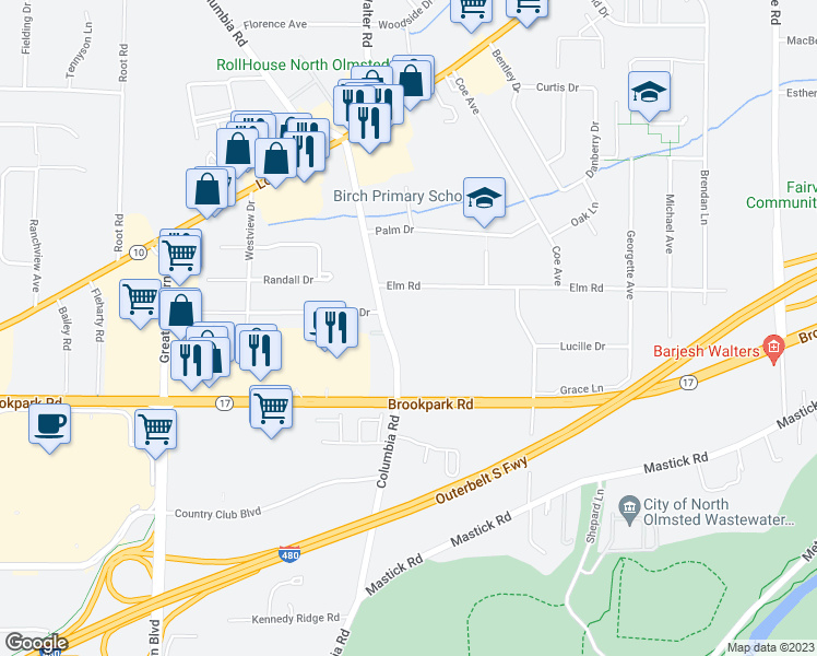map of restaurants, bars, coffee shops, grocery stores, and more near 4869 Columbia Road in North Olmsted