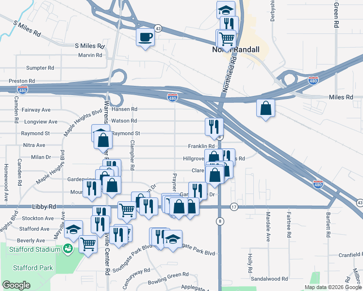 map of restaurants, bars, coffee shops, grocery stores, and more near 21203 Franklin Road in Maple Heights