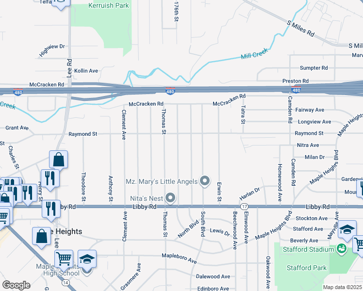 map of restaurants, bars, coffee shops, grocery stores, and more near 5125 Cato Street in Maple Heights