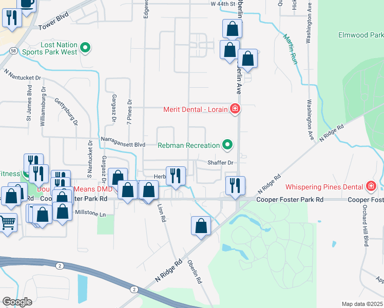 map of restaurants, bars, coffee shops, grocery stores, and more near 5519 Ashland Avenue in Lorain