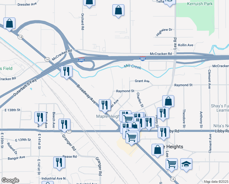 map of restaurants, bars, coffee shops, grocery stores, and more near 5113 Greenhurst Drive in Maple Heights