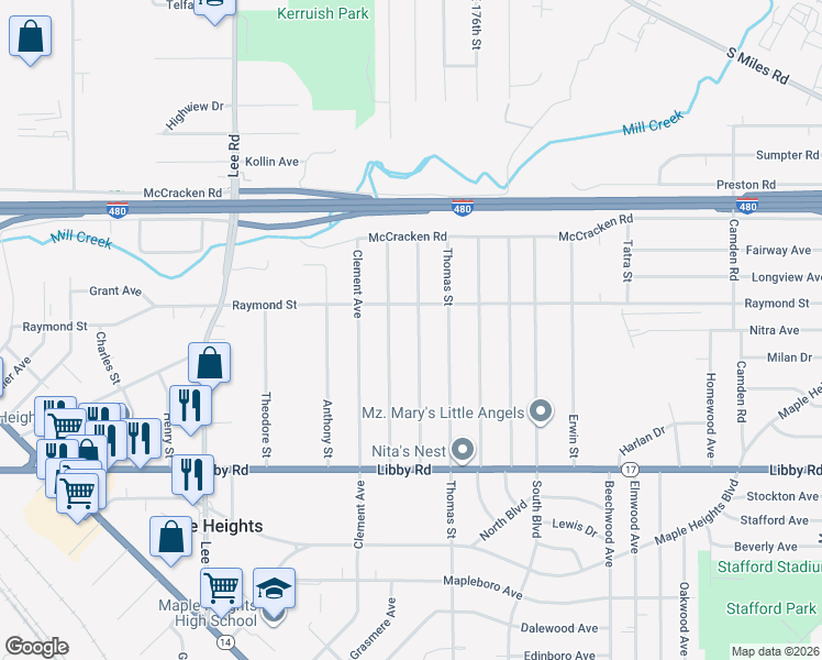 map of restaurants, bars, coffee shops, grocery stores, and more near 5126 Philip Avenue in Maple Heights