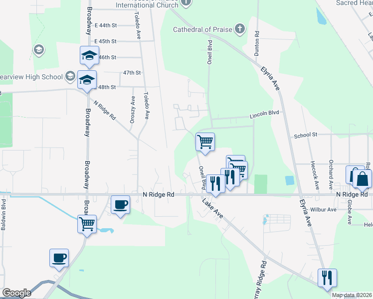 map of restaurants, bars, coffee shops, grocery stores, and more near 5201 Clifton Avenue in Lorain