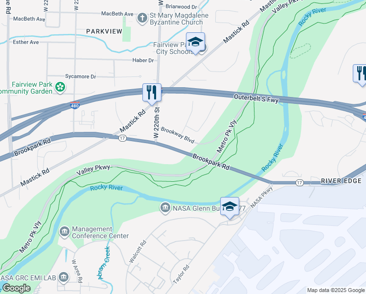 map of restaurants, bars, coffee shops, grocery stores, and more near 21600 Brookpark Road in Fairview Park