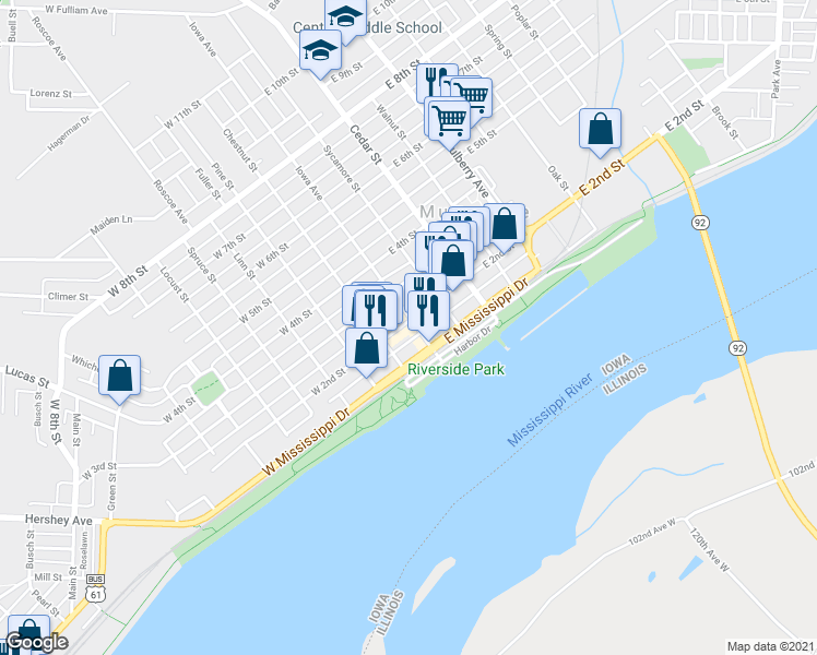 map of restaurants, bars, coffee shops, grocery stores, and more near 100 West 2nd Street in Muscatine