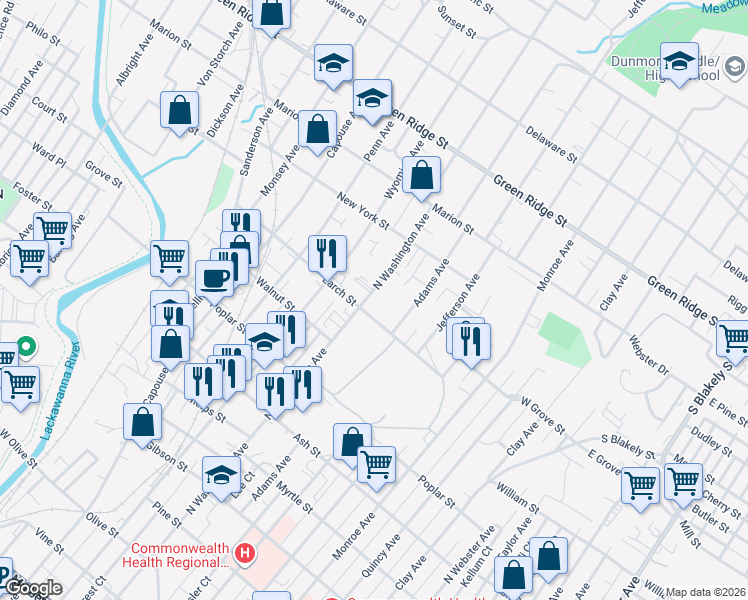 map of restaurants, bars, coffee shops, grocery stores, and more near 1320 North Washington Avenue in Scranton