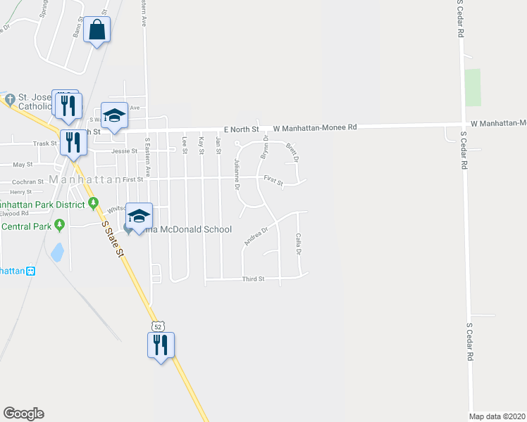 map of restaurants, bars, coffee shops, grocery stores, and more near 211 Brynn Drive in Manhattan