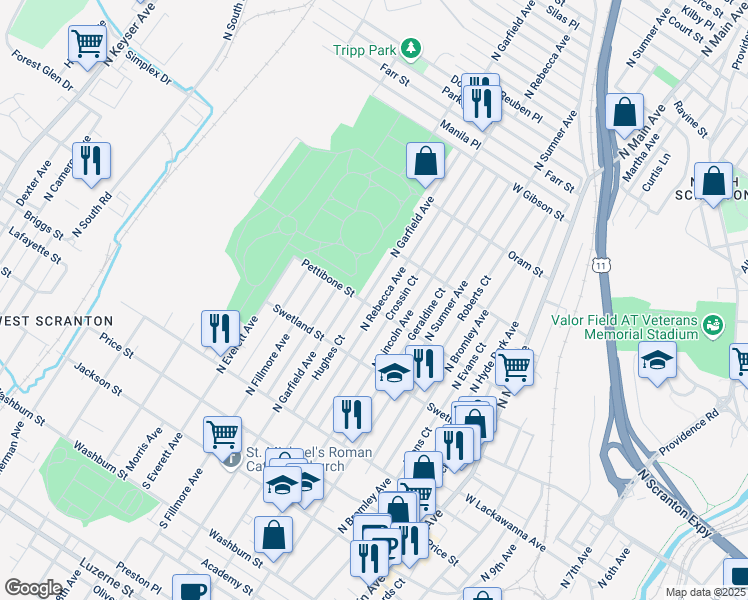 map of restaurants, bars, coffee shops, grocery stores, and more near 1600 Pettibone St in Scranton