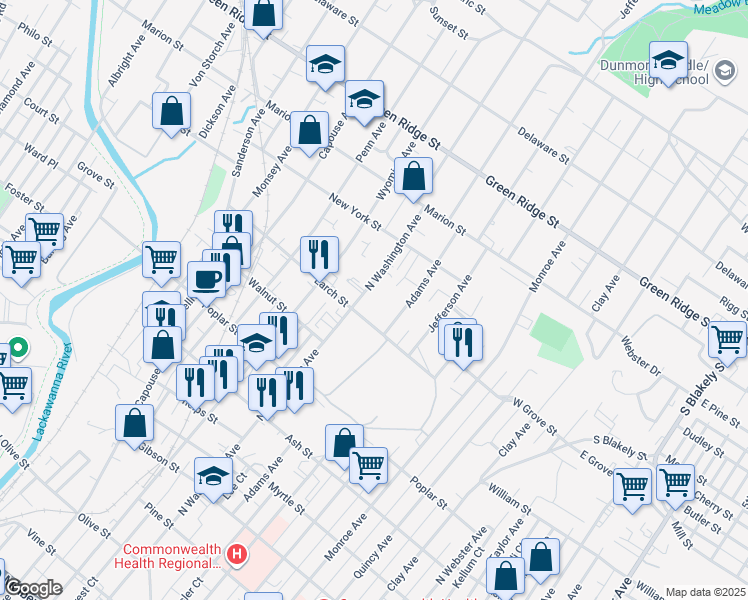 map of restaurants, bars, coffee shops, grocery stores, and more near 1320 North Washington Avenue in Scranton