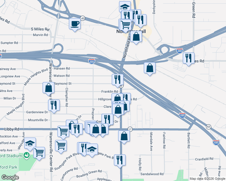 map of restaurants, bars, coffee shops, grocery stores, and more near 21602 Franklin Road in Maple Heights