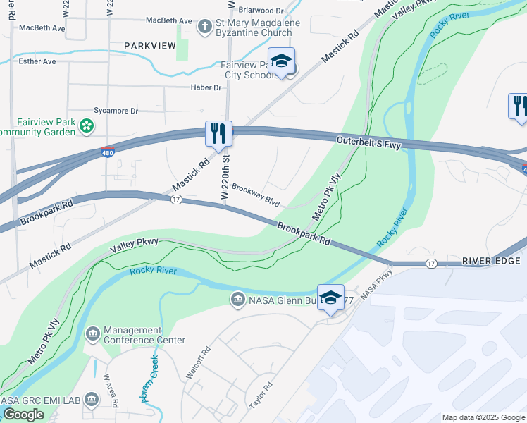 map of restaurants, bars, coffee shops, grocery stores, and more near 21600 Brookpark Road in Fairview Park