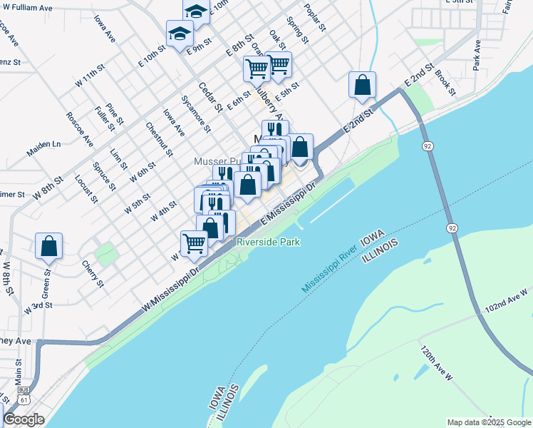 map of restaurants, bars, coffee shops, grocery stores, and more near 120 Sycamore Street in Muscatine