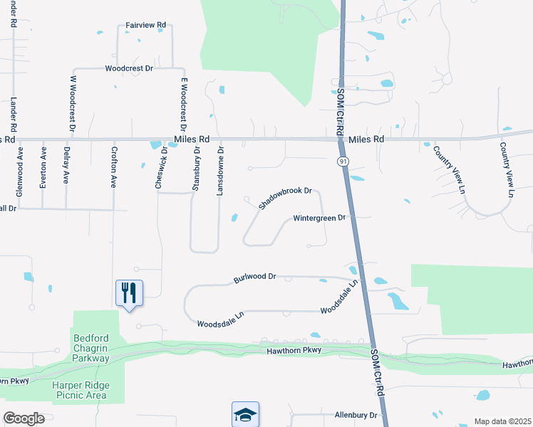 map of restaurants, bars, coffee shops, grocery stores, and more near 32580 Shadowbrook Dr in Solon