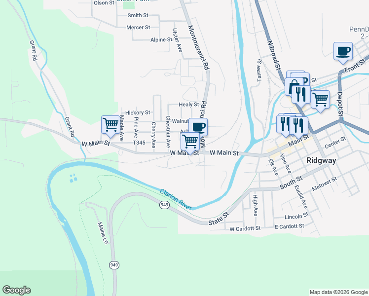 map of restaurants, bars, coffee shops, grocery stores, and more near 226 West Main Street in Ridgway