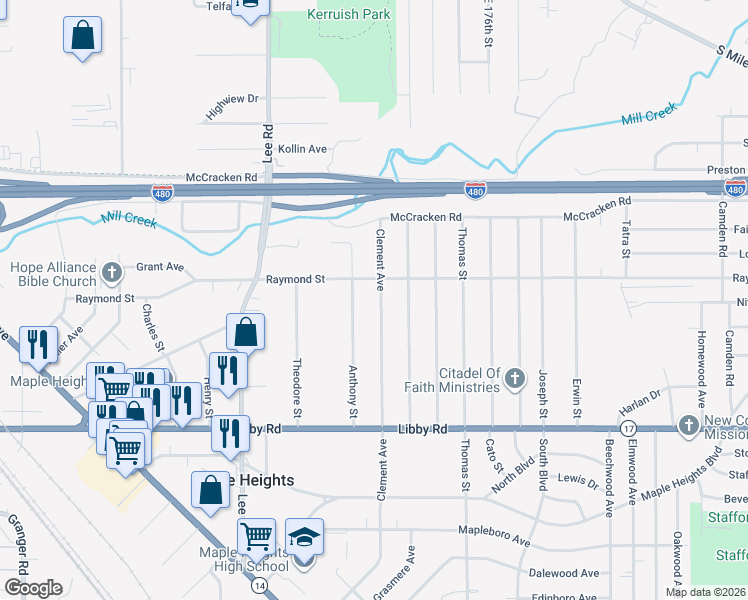 map of restaurants, bars, coffee shops, grocery stores, and more near 5125 Anthony Street in Maple Heights