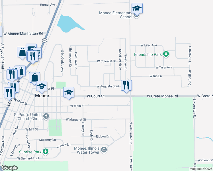 map of restaurants, bars, coffee shops, grocery stores, and more near 4930 West Augusta Boulevard in Monee