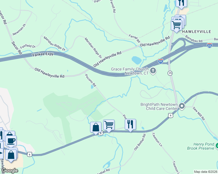 map of restaurants, bars, coffee shops, grocery stores, and more near 11 Pocono Road in Newtown
