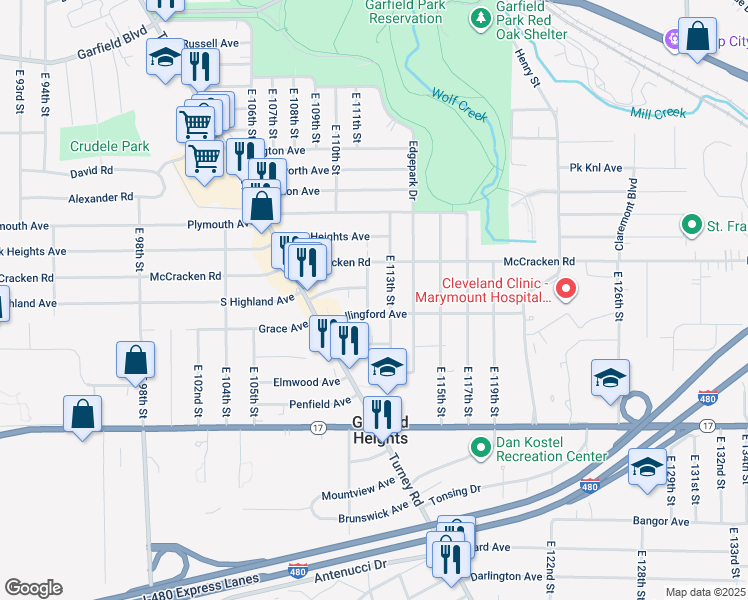 map of restaurants, bars, coffee shops, grocery stores, and more near 5159 East 112th Street in Garfield Heights