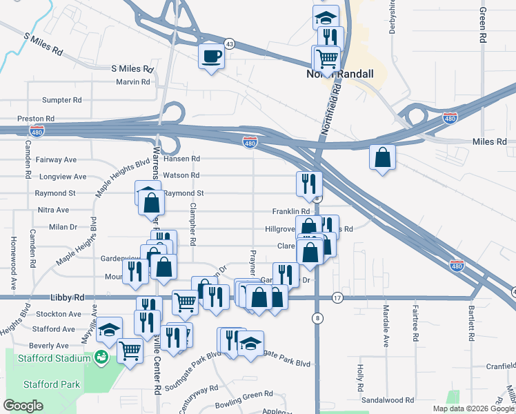 map of restaurants, bars, coffee shops, grocery stores, and more near 21203 Franklin Road in Maple Heights