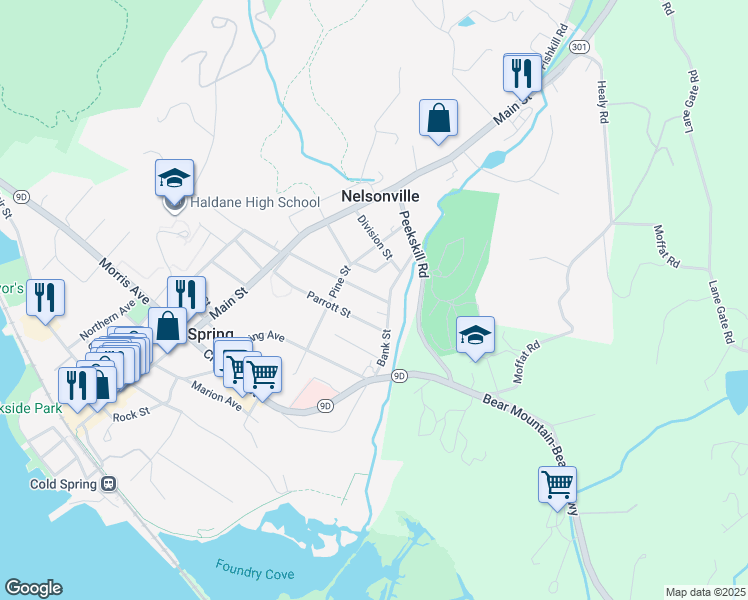 map of restaurants, bars, coffee shops, grocery stores, and more near 57 Parsonage Street in Cold Spring