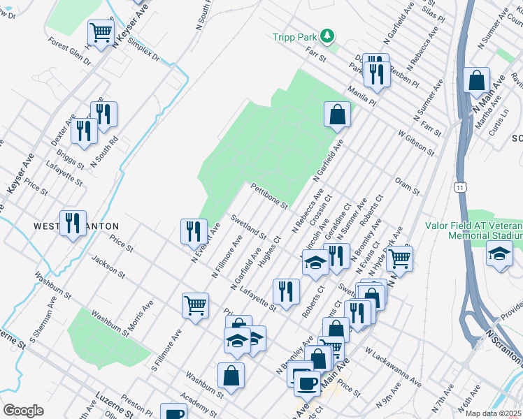 map of restaurants, bars, coffee shops, grocery stores, and more near 517 North Filmore Avenue in Scranton