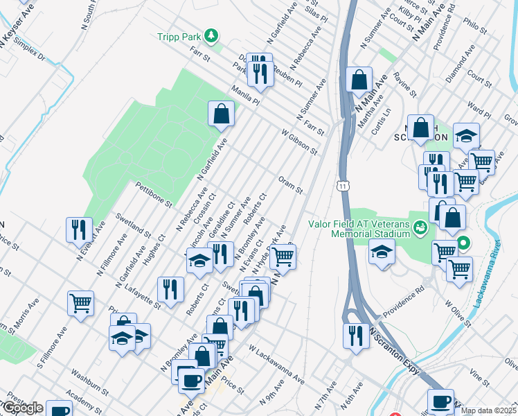 map of restaurants, bars, coffee shops, grocery stores, and more near 1314 Schlager Street in Scranton