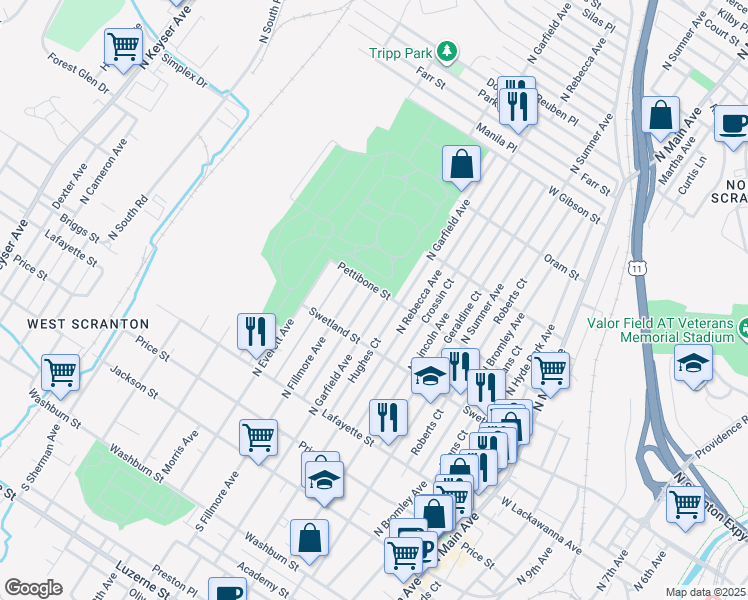 map of restaurants, bars, coffee shops, grocery stores, and more near 535 North Garfield Avenue in Scranton