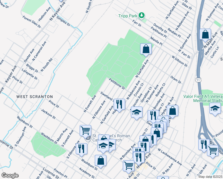 map of restaurants, bars, coffee shops, grocery stores, and more near 517 North Filmore Avenue in Scranton