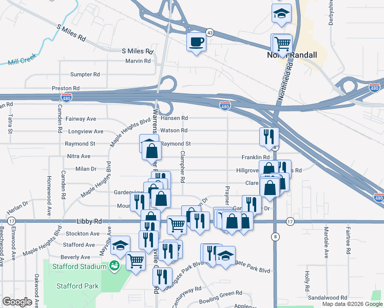 map of restaurants, bars, coffee shops, grocery stores, and more near 20801 Franklin Rd in Maple Heights