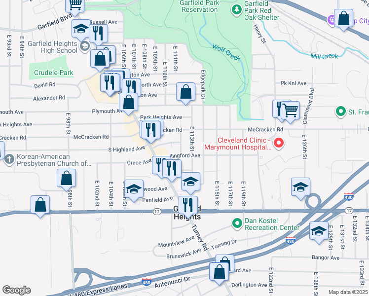 map of restaurants, bars, coffee shops, grocery stores, and more near 5159 East 112th Street in Garfield Heights
