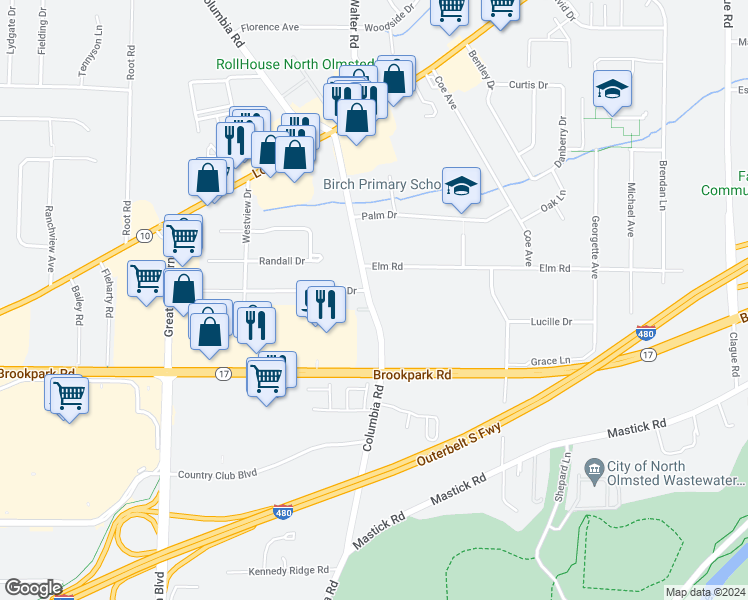 map of restaurants, bars, coffee shops, grocery stores, and more near 4869 Columbia Road in North Olmsted
