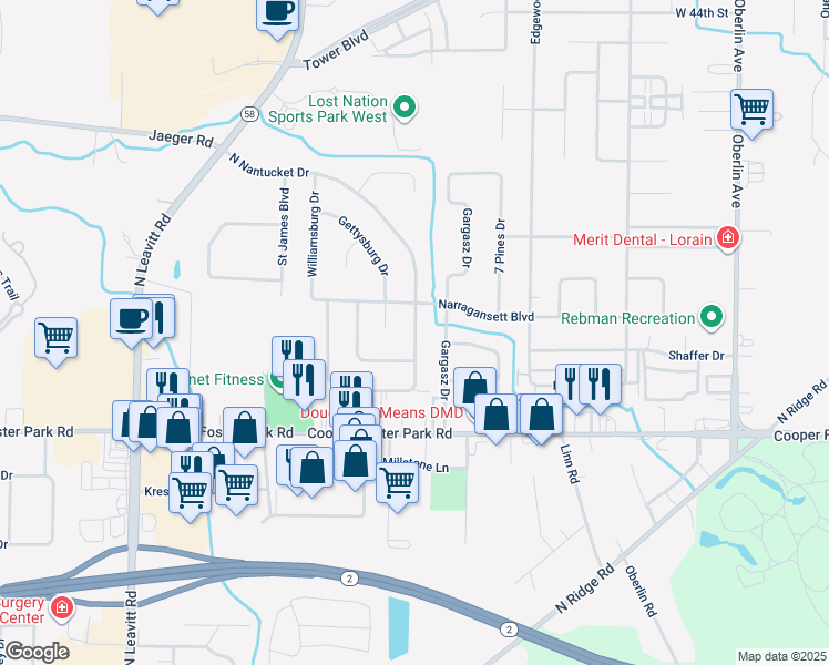 map of restaurants, bars, coffee shops, grocery stores, and more near 5610 South Nantucket Drive in Lorain