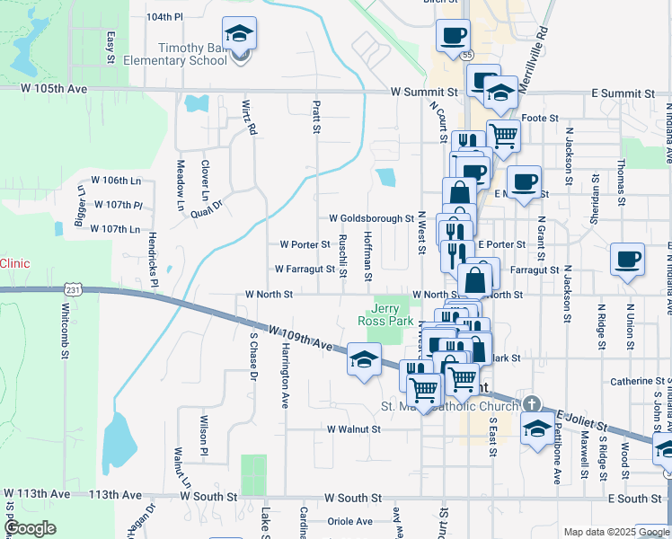 map of restaurants, bars, coffee shops, grocery stores, and more near 501 W Farragut St in Crown Point