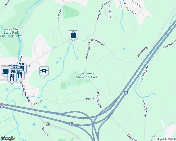 map of restaurants, bars, coffee shops, grocery stores, and more near 38 Philo Curtis Road in Newtown