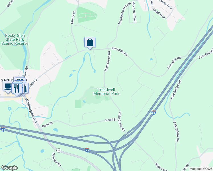 map of restaurants, bars, coffee shops, grocery stores, and more near 38 Philo Curtis Road in Newtown