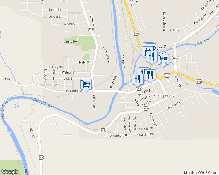 map of restaurants, bars, coffee shops, grocery stores, and more near 3 Penn Ave in Ridgway