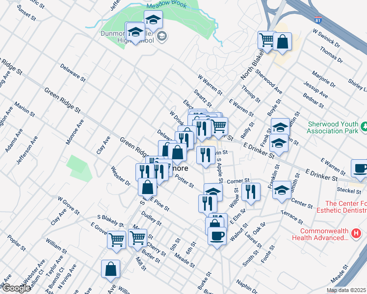 map of restaurants, bars, coffee shops, grocery stores, and more near 2043 Delaware St in Dunmore
