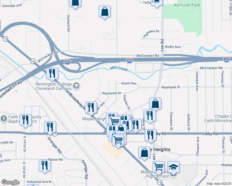 map of restaurants, bars, coffee shops, grocery stores, and more near in Maple Heights