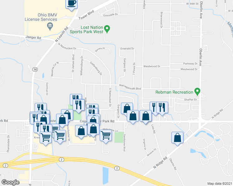 map of restaurants, bars, coffee shops, grocery stores, and more near 5514 Gargasz Drive in Lorain