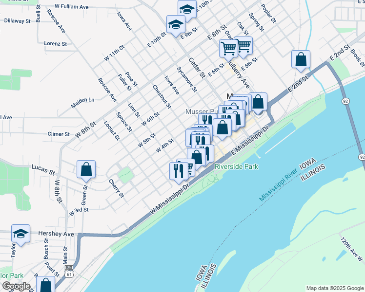 map of restaurants, bars, coffee shops, grocery stores, and more near 217 W 3rd St in Muscatine