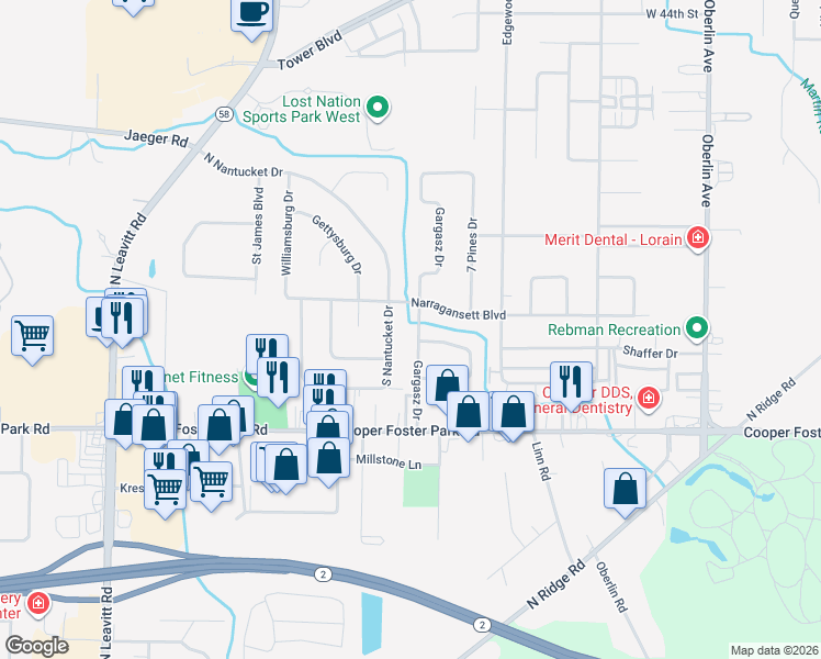 map of restaurants, bars, coffee shops, grocery stores, and more near 5514 Gargasz Drive in Lorain