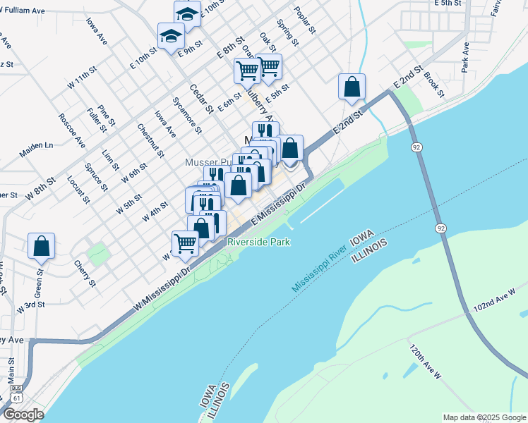 map of restaurants, bars, coffee shops, grocery stores, and more near 219 East Mississippi Drive in Muscatine