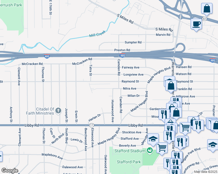 map of restaurants, bars, coffee shops, grocery stores, and more near 19001 Nitra Avenue in Maple Heights