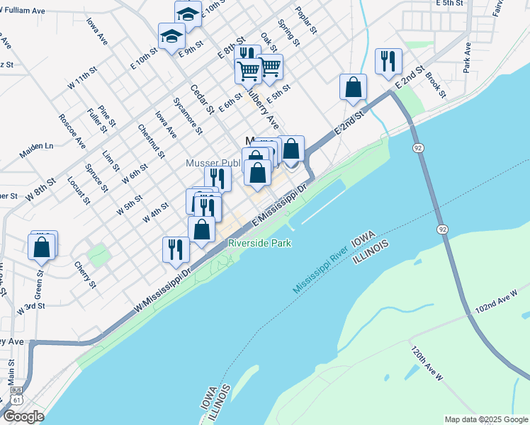 map of restaurants, bars, coffee shops, grocery stores, and more near 219 East Mississippi Drive in Muscatine