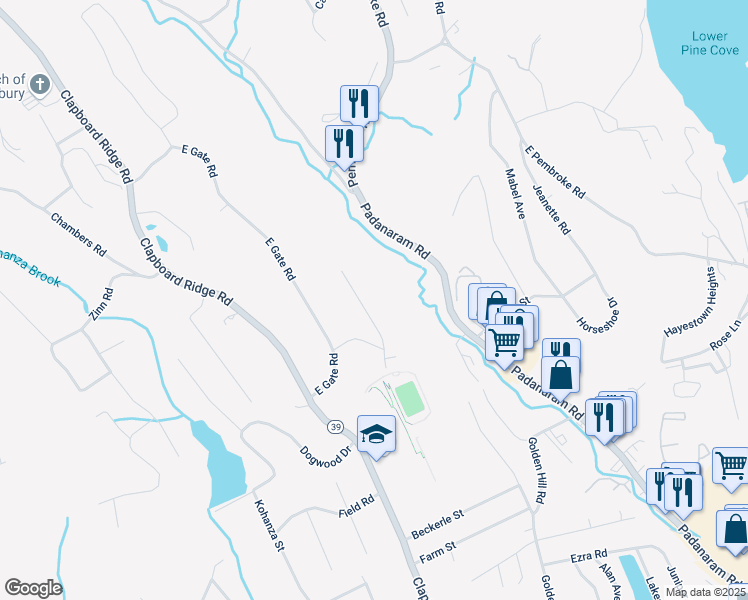 map of restaurants, bars, coffee shops, grocery stores, and more near 25 Eastwood Road in Danbury