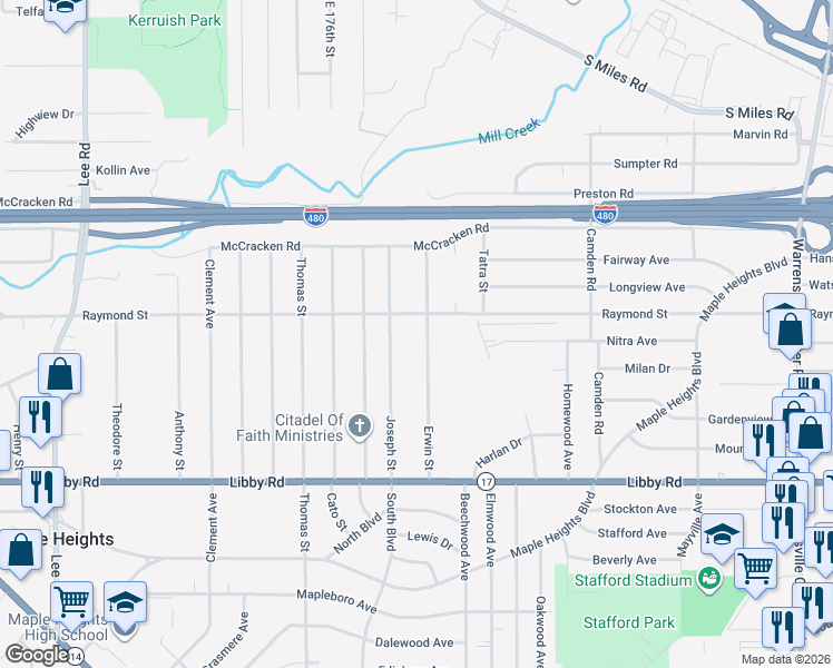 map of restaurants, bars, coffee shops, grocery stores, and more near 5130 Erwin Street in Maple Heights