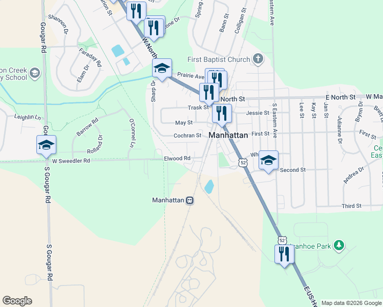 map of restaurants, bars, coffee shops, grocery stores, and more near 103 Elwood Road in Manhattan