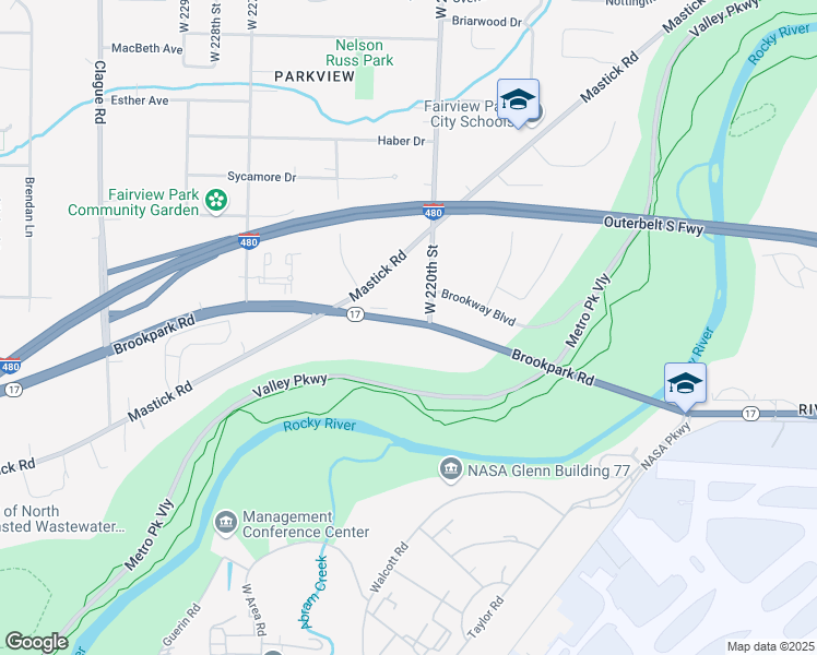 map of restaurants, bars, coffee shops, grocery stores, and more near 22021 Brookpark Road in Fairview Park