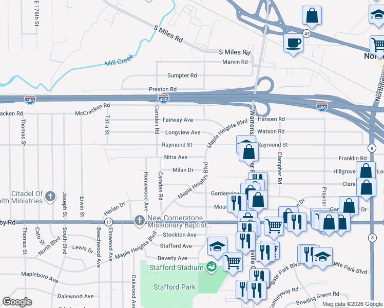 map of restaurants, bars, coffee shops, grocery stores, and more near 19609 Nitra Avenue in Maple Heights