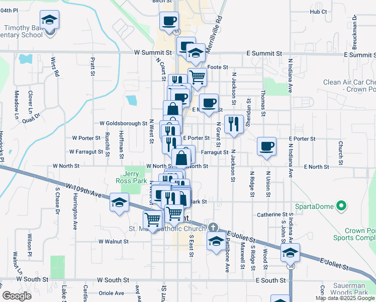 map of restaurants, bars, coffee shops, grocery stores, and more near 245 North East Street in Crown Point